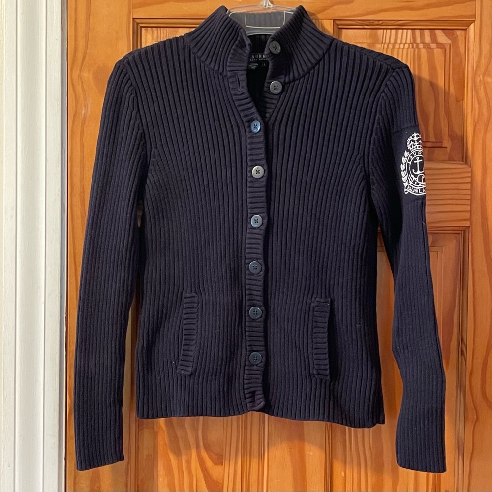 Ralph Lauren Navy Ribbed Button-Up Sweater Jacket